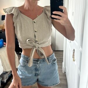 Miroa Womens Cap Sleeve Cropped Top Button Up Front Tie V Neck Crop Top